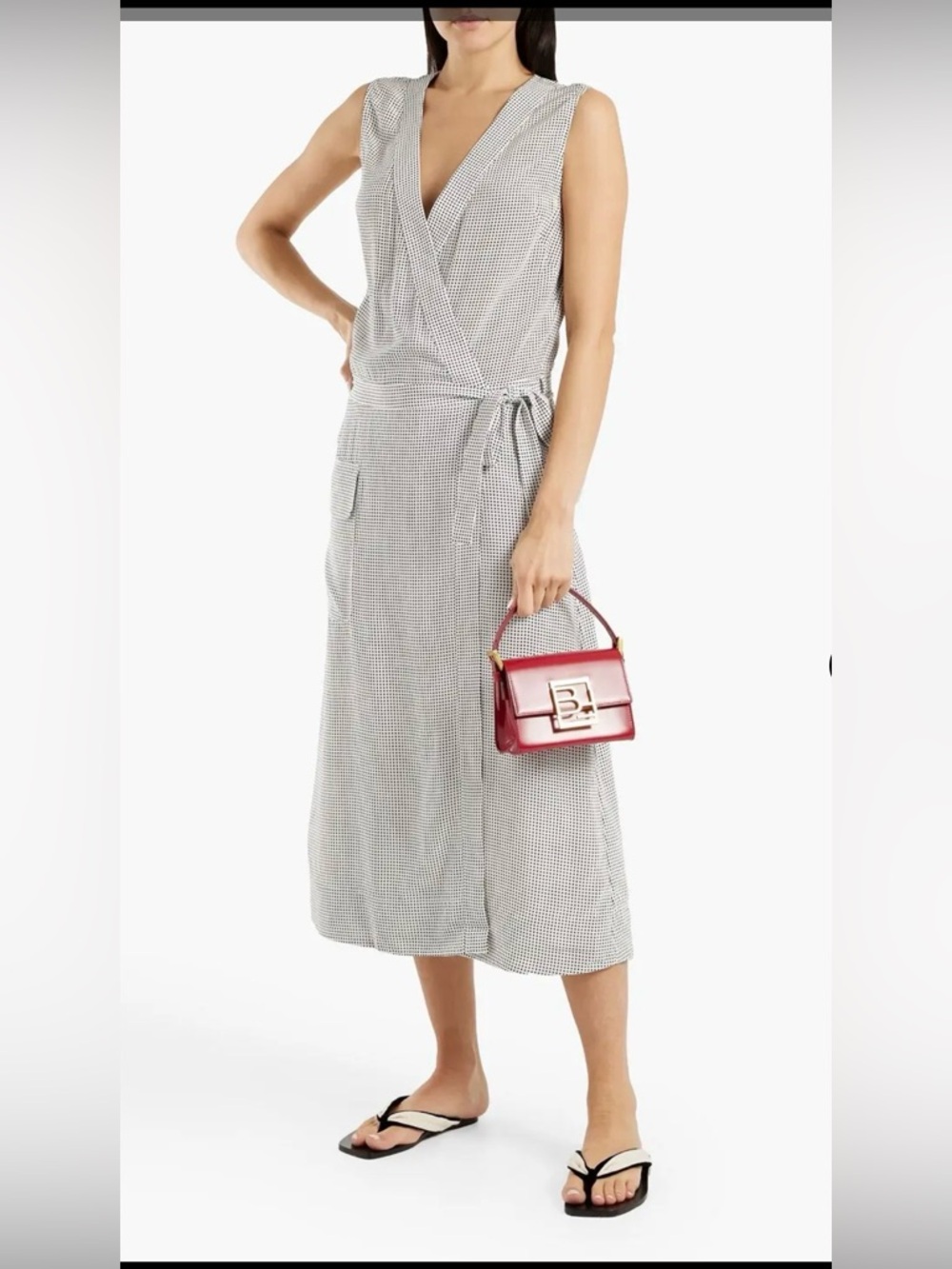 Equipment Sleeveless Wrap Midi Dress in Black & White Polka Dot